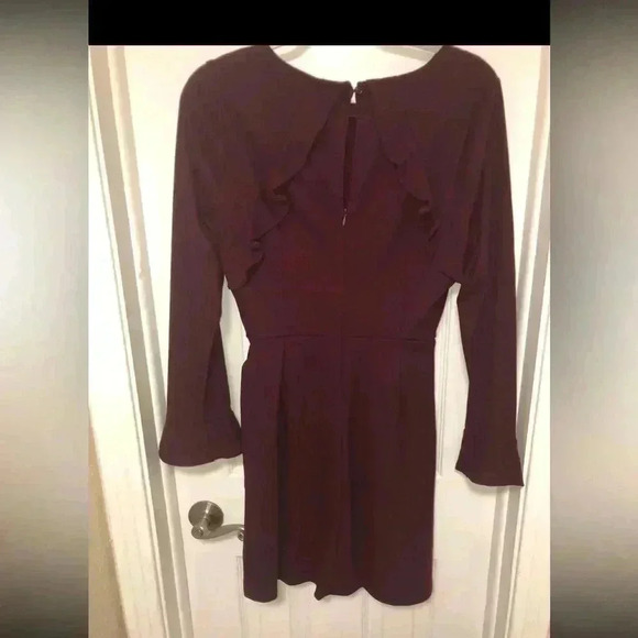 Deep Burgundy Ruffled Bell Sleeve Sheath Dress - Picture 7 of 13